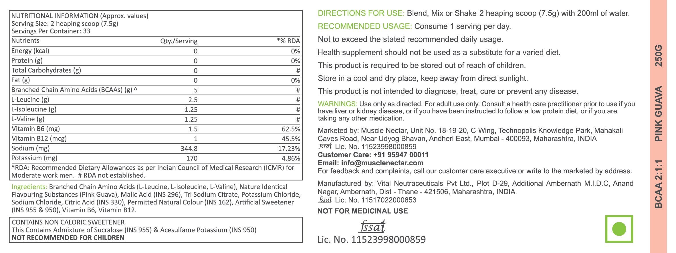 Muscle Nectar BCAA 2:1:1 Powder | 5g BCAAs + Vitamin B6 & B12