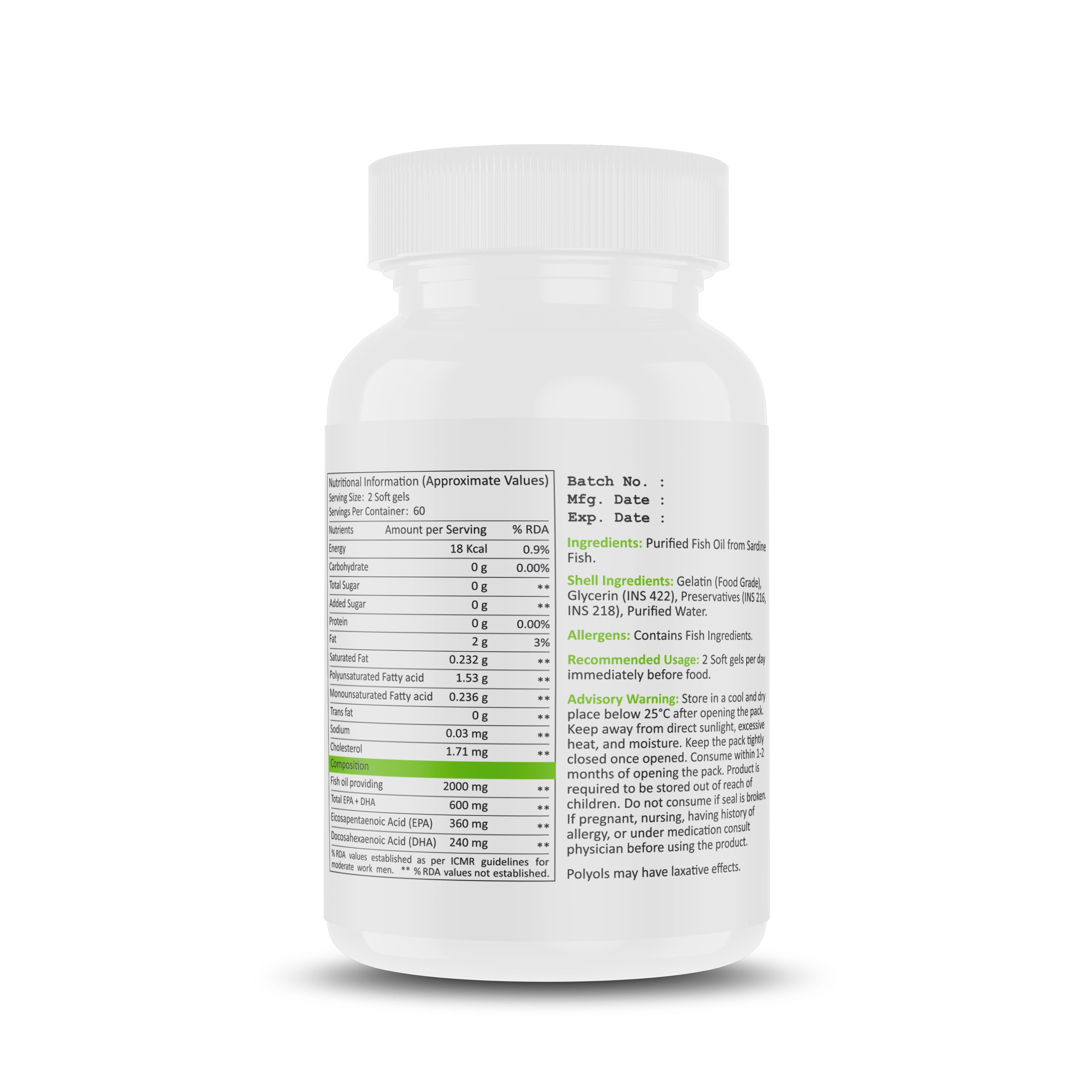 Muscle Nectar Omega-3 Fish Oil (TG Form) – 600mg EPA + DHA