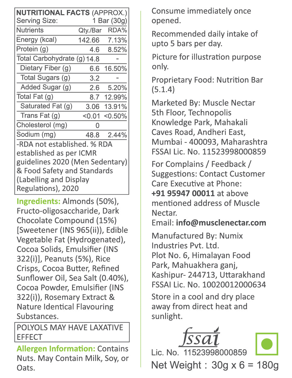 Protein Almonds Bar – Peanuts & Sea Salt | 50% Almonds | Muscle Nectar