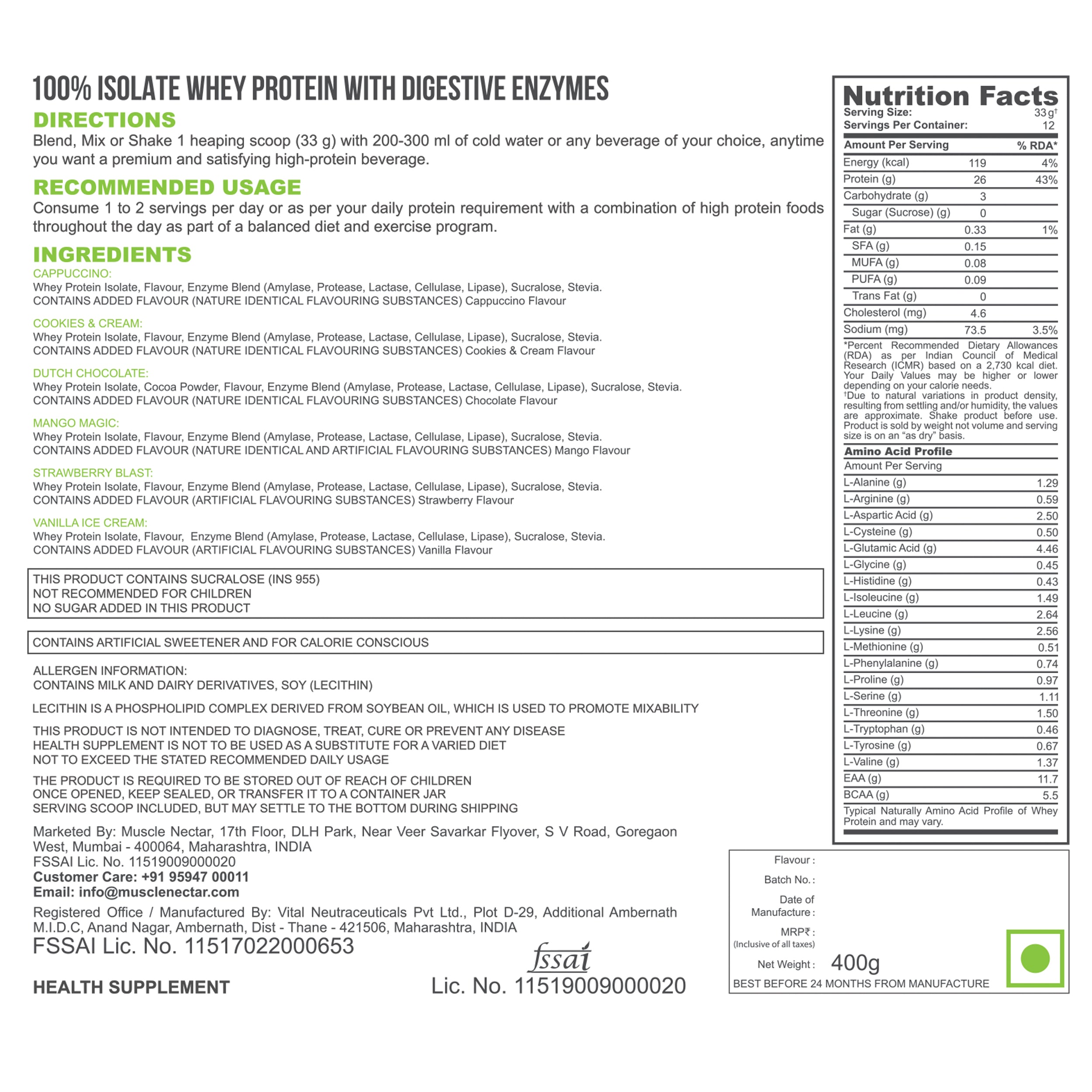 100% Isolate Whey Protein with Digestive Enzymes, 400g (Trial Pack)