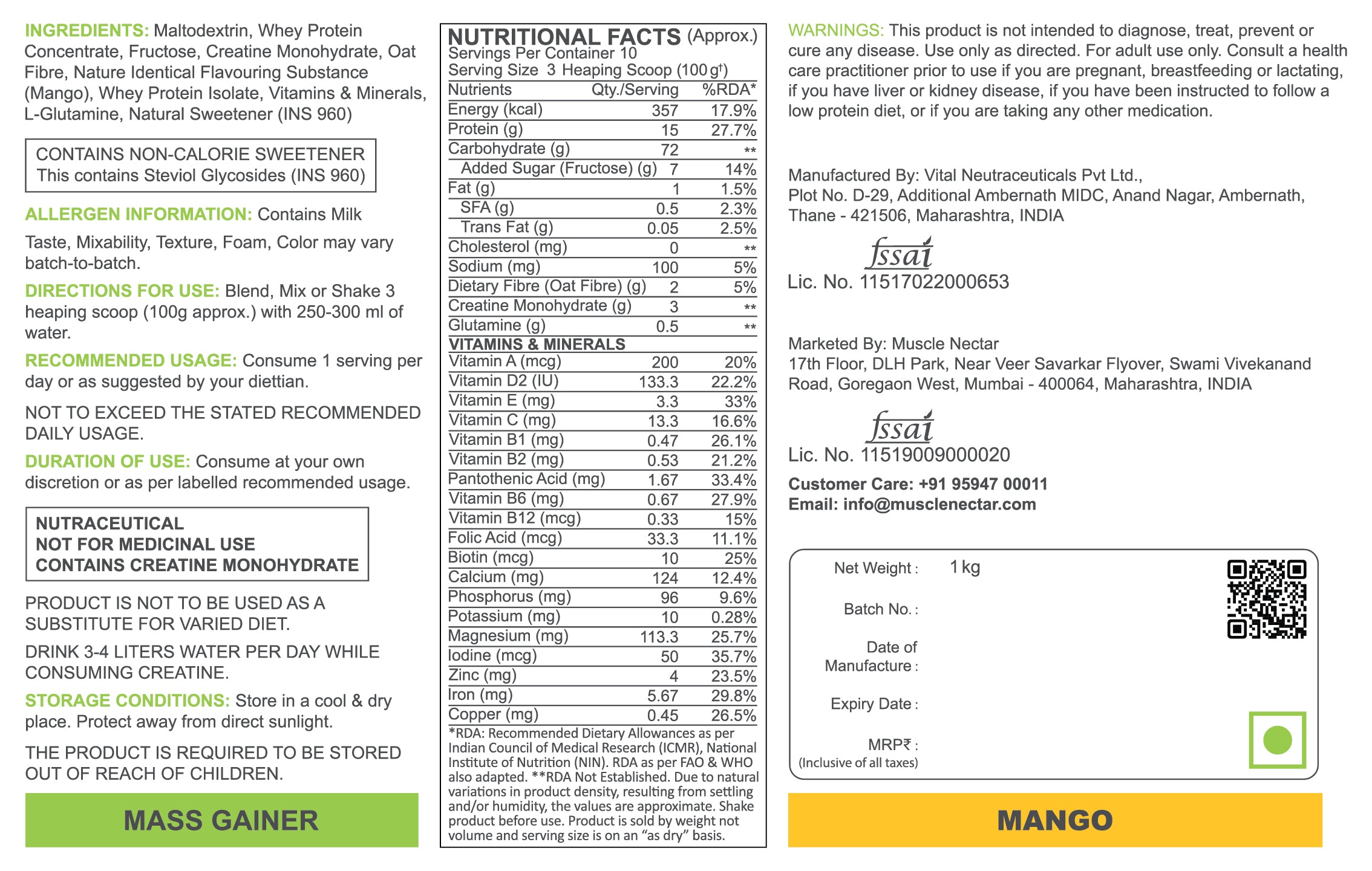 Mass Gainer with Oat Fibre, Creatine, Glutamine, Vitamins & Minerals