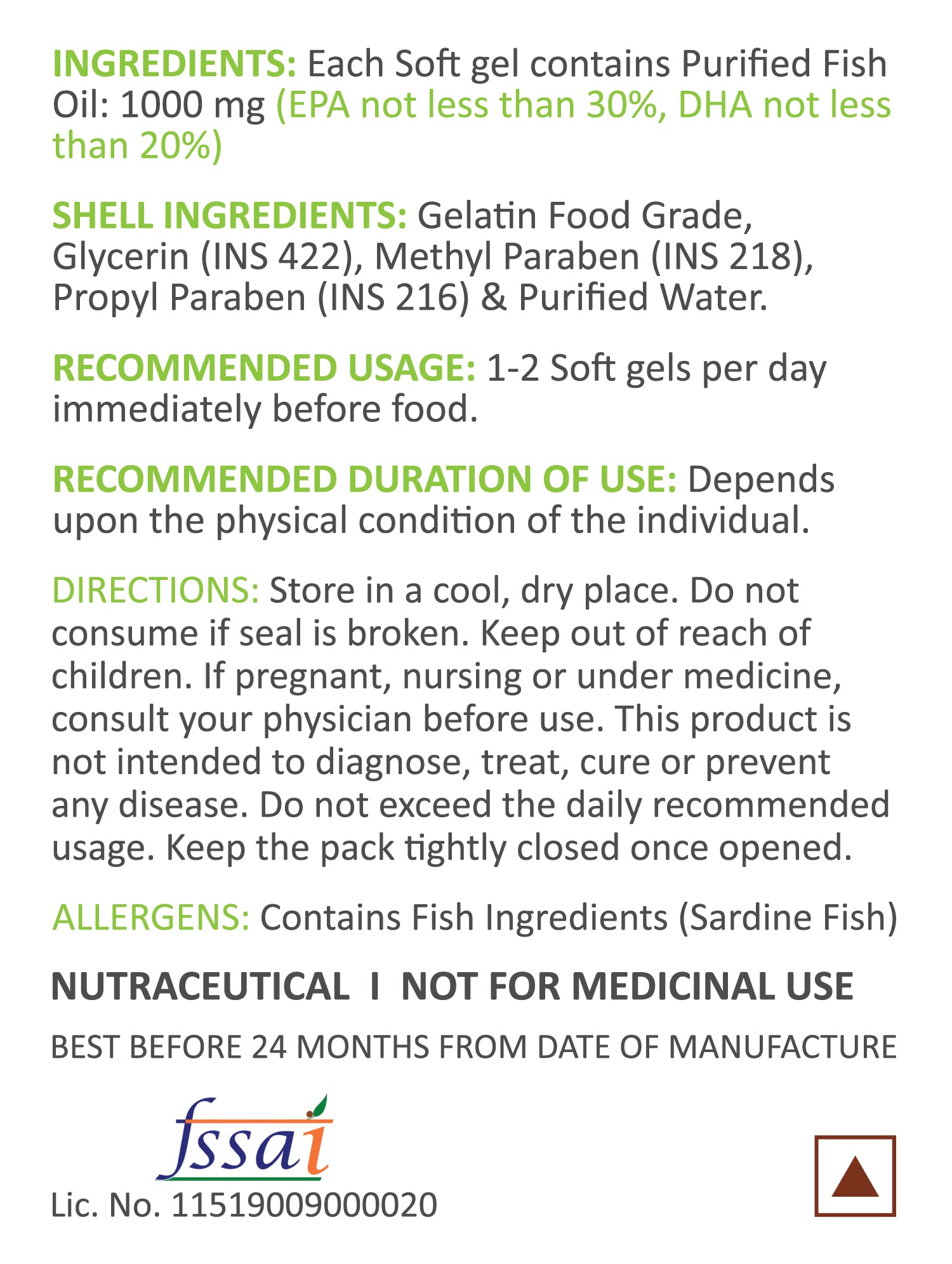 Double Strength Purified Omega 3 Fish Oil 2000mg, 1000mg EPA/DHA