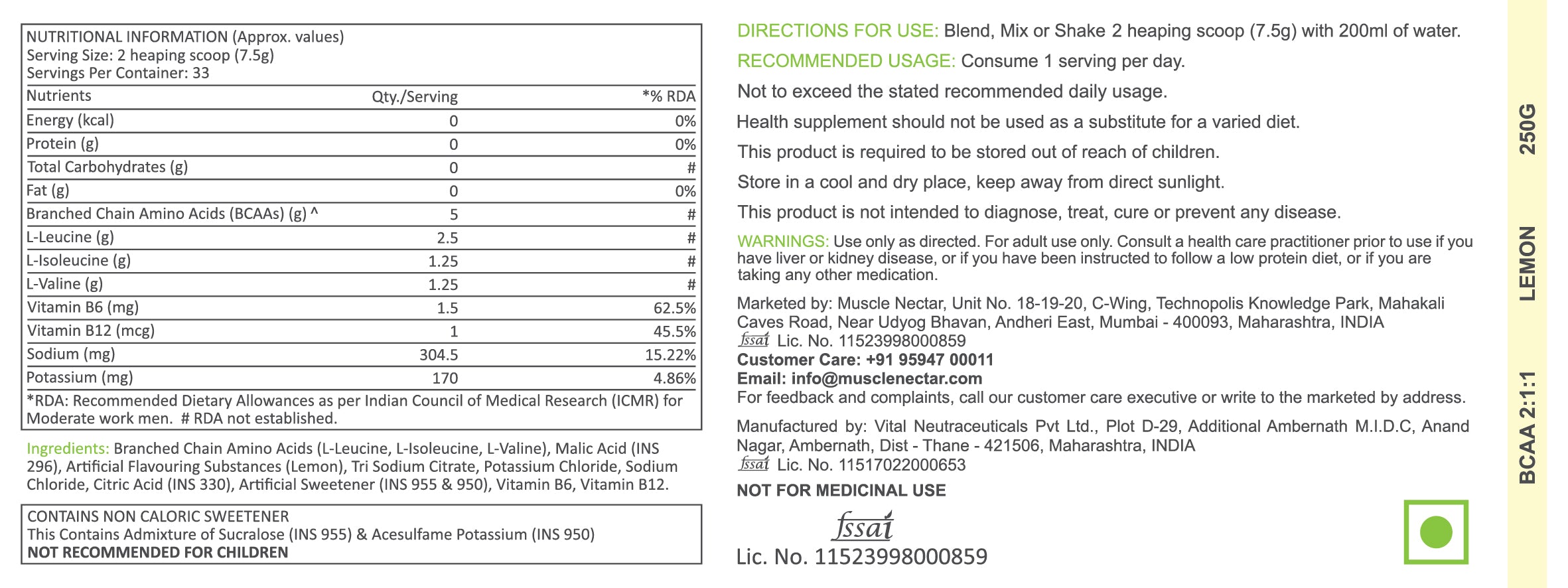 Muscle Nectar BCAA 2:1:1 Powder | 5g BCAAs + Vitamin B6 & B12