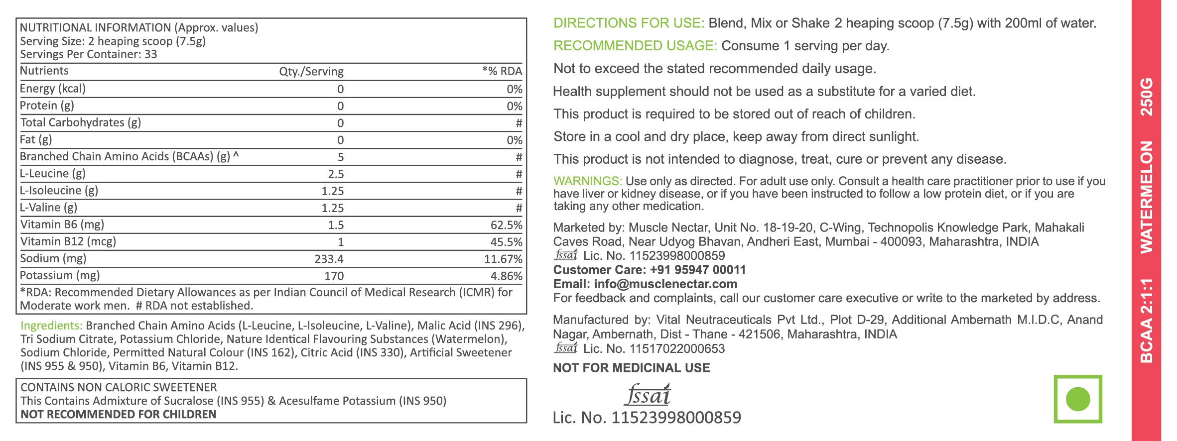Muscle Nectar BCAA 2:1:1 Powder | 5g BCAAs + Vitamin B6 & B12