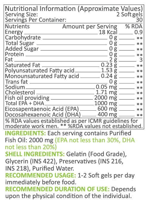 Double Strength Purified Omega 3 Fish Oil 2000mg, 1000mg EPA/DHA