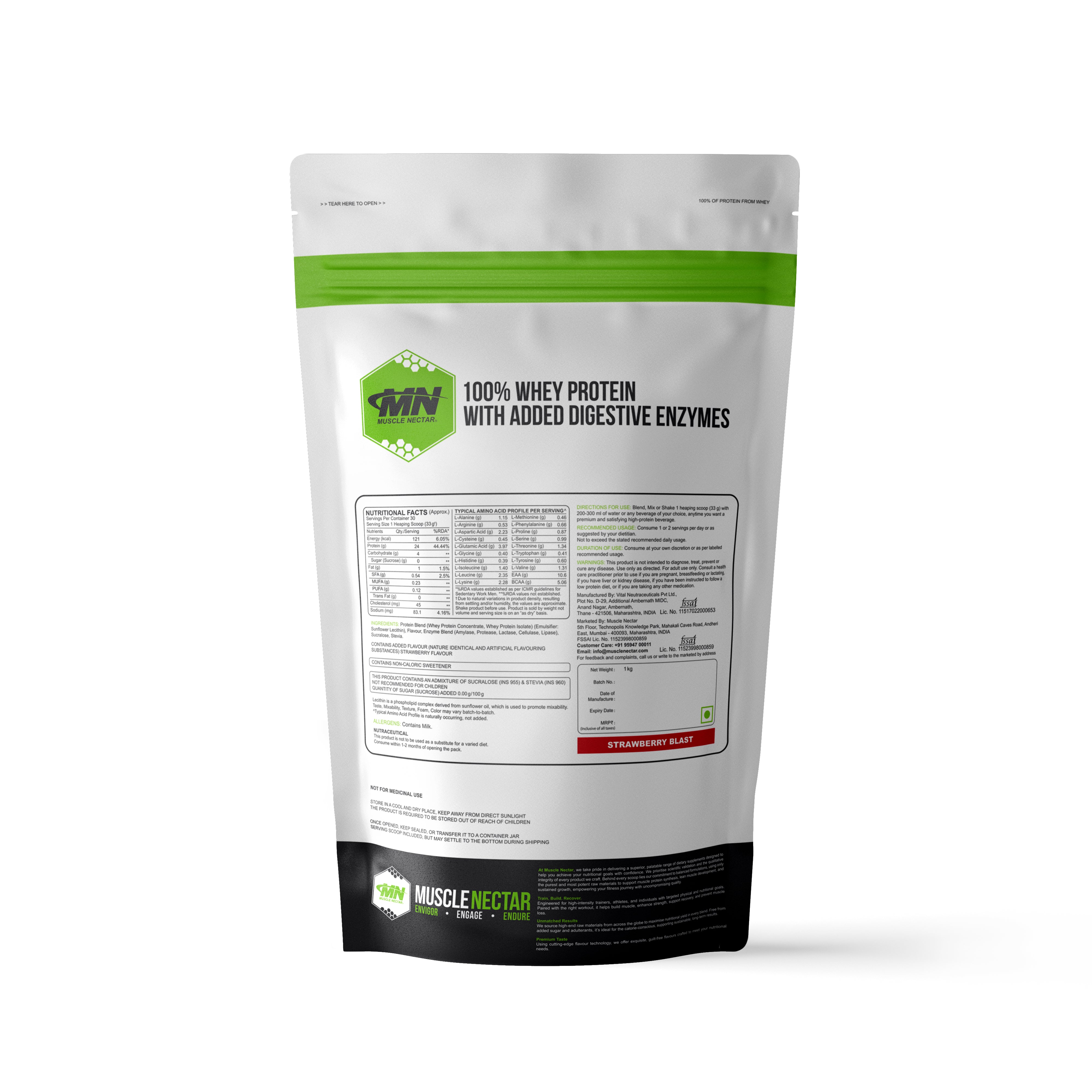 100% Whey Protein Powder (Blend of Concentrate & Isolate) with Digestive Enzymes