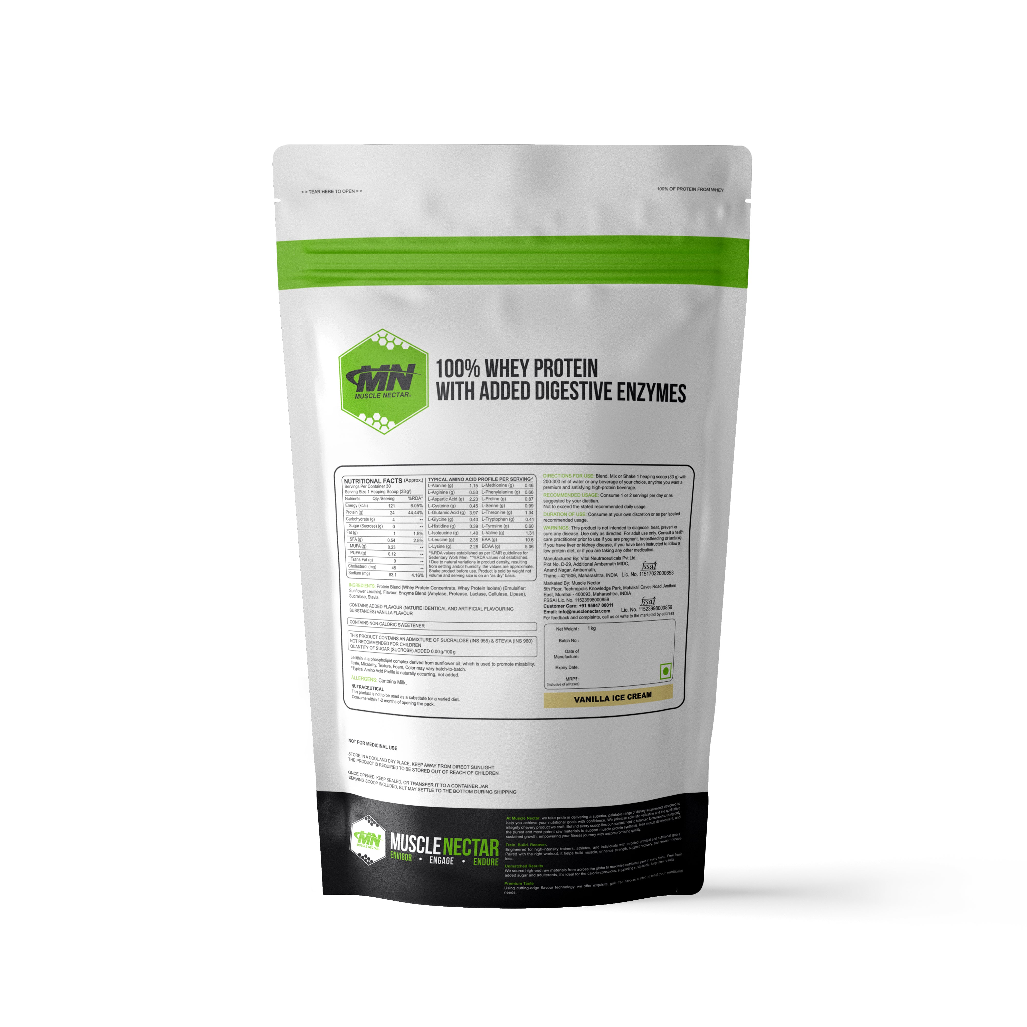 100% Whey Protein Powder (Blend of Concentrate & Isolate) with Digestive Enzymes