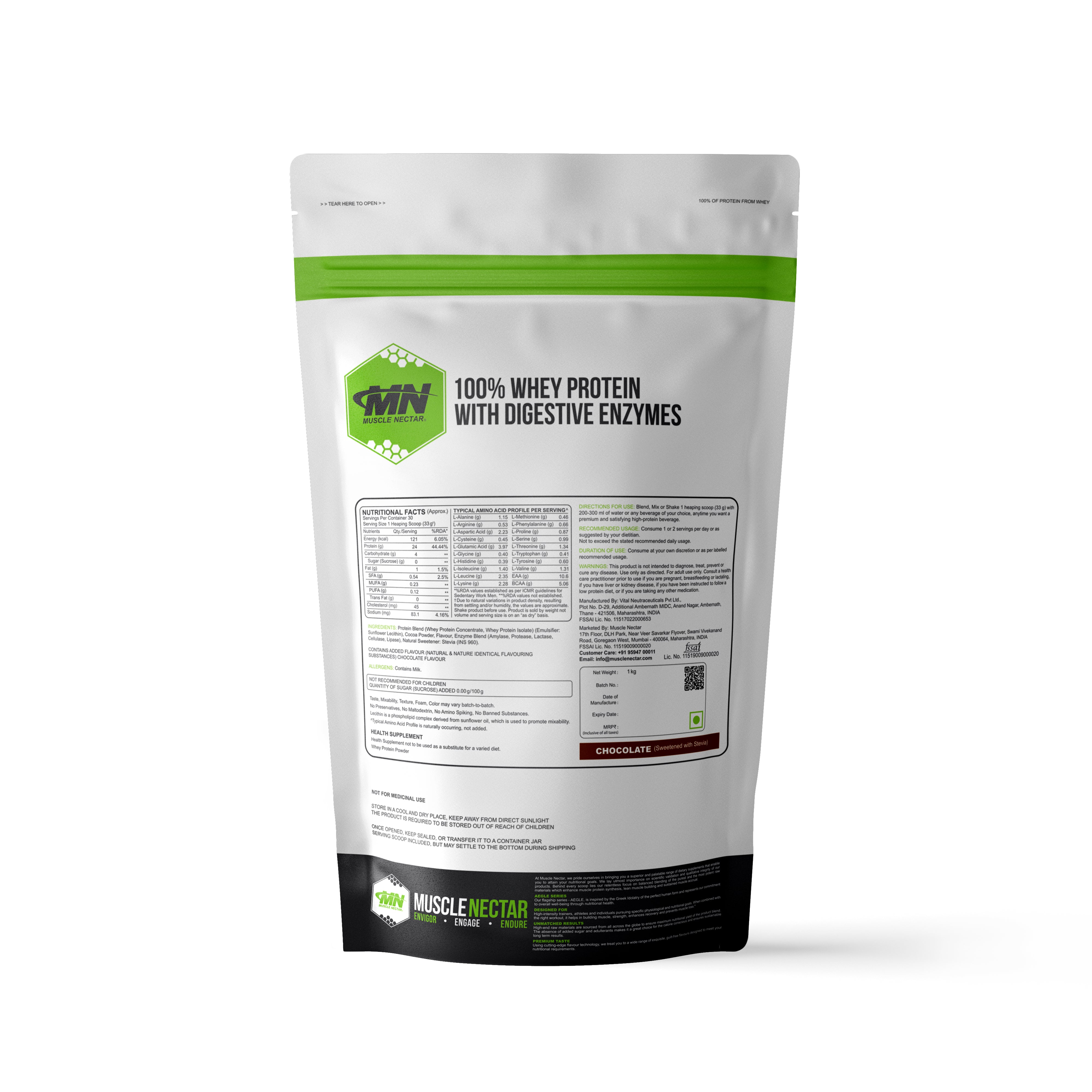 100% Whey Protein Powder (Blend of Concentrate & Isolate) with Digestive Enzymes