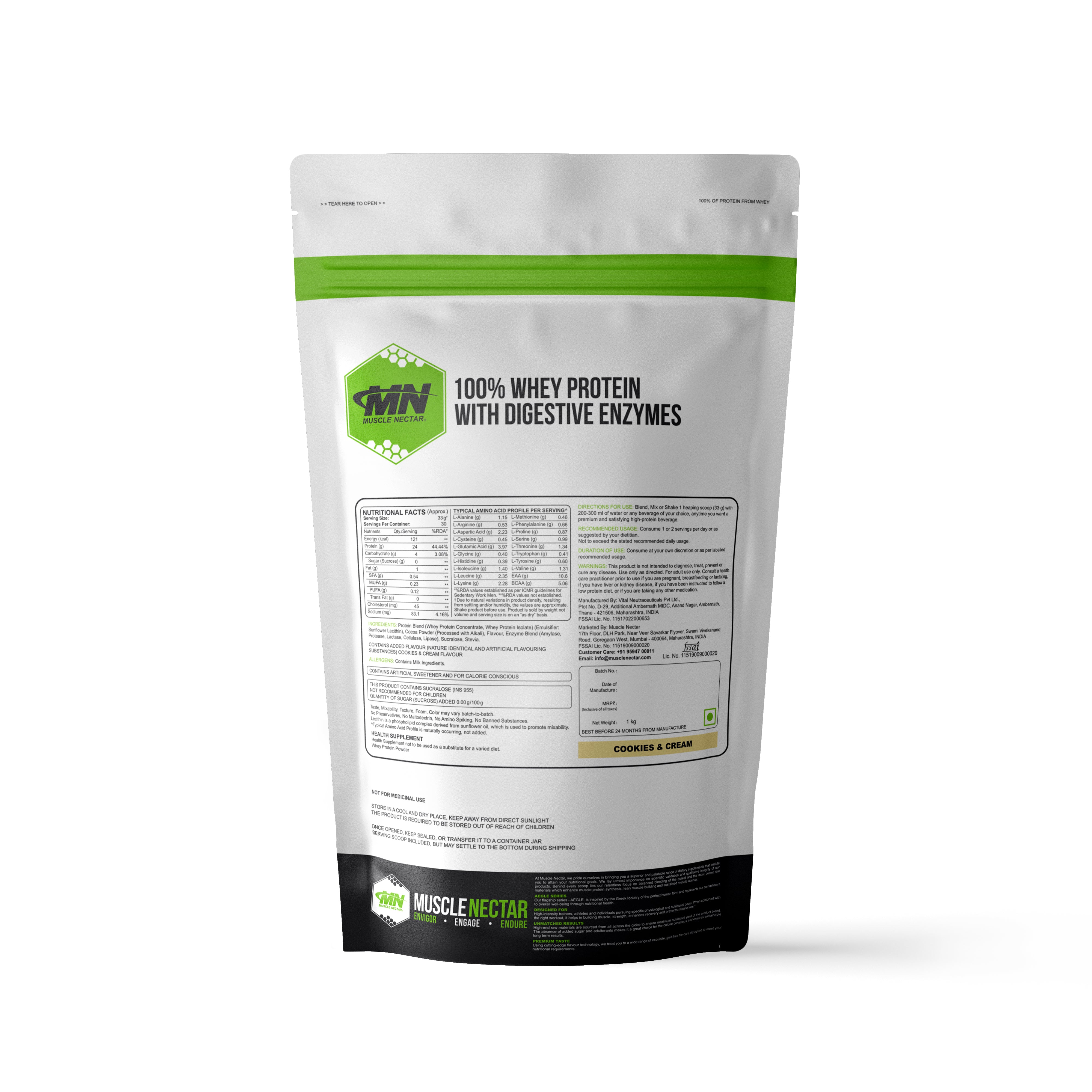 100% Whey Protein Powder (Blend of Concentrate & Isolate) with Digestive Enzymes