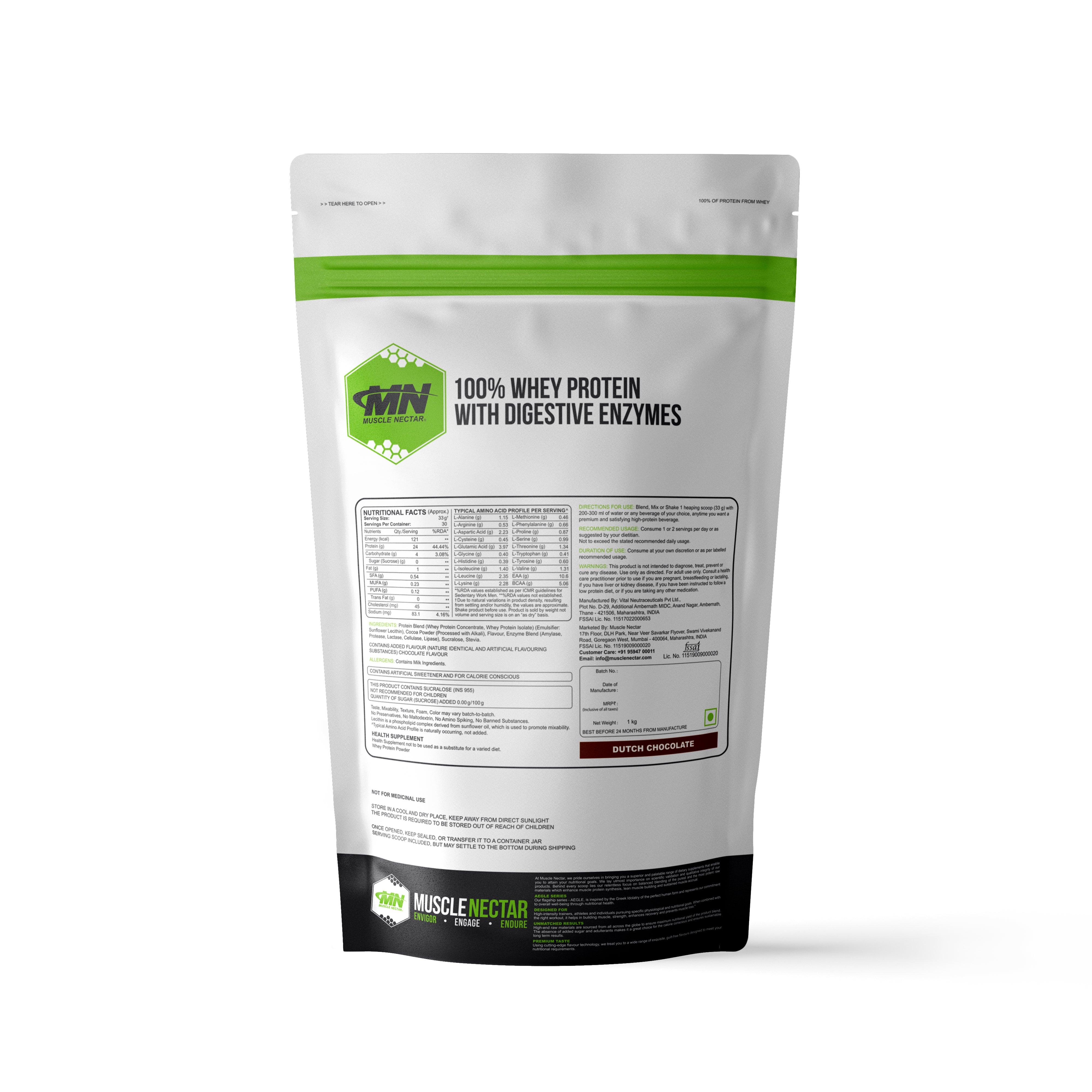 100% Whey Protein Powder (Blend of Concentrate & Isolate) with Digestive Enzymes